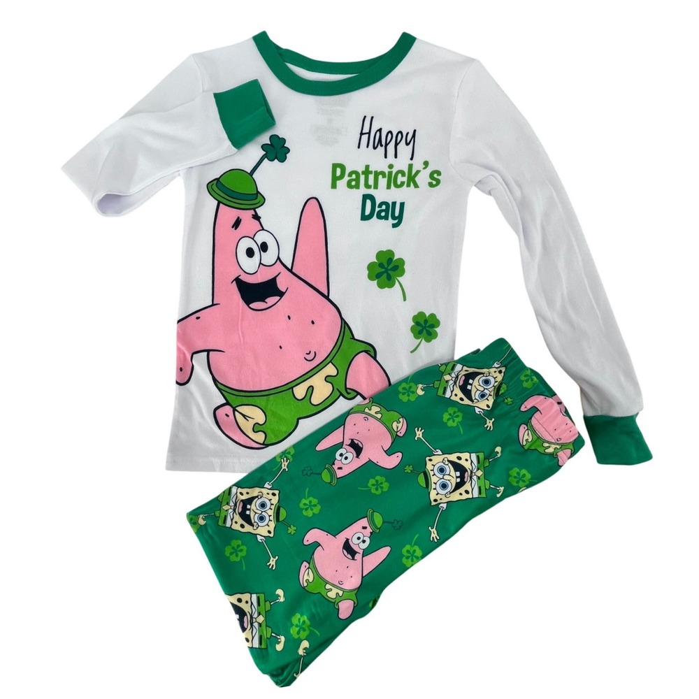SpongeBob SquarePants Pajama Set Boys 8 White Green Patrick St Patricks Day New